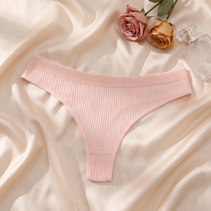 Tanga de algodón acanalado de talle bajo de color liso rosa para mujer, transpirable, deportiva, talla grande, venta al por mayor - Product Image 3