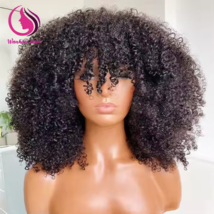 Perruque afro bouclée haute densité avec frange, sans lacet, couleur naturelle, en cheveux humains vierges, vente en gros, perruques courtes bob pas chères - Product Image 5