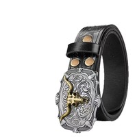 Motif rétro pour homme, tête de taureau à longues cornes, noir et or, en alliage, imprimé par transfert thermique, gaufré, style western américain élégant