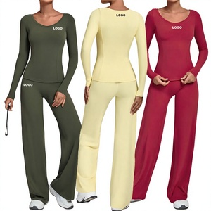 Ensemble de yoga pour femmes, manches longues, couleur unie, pantalon taille haute longueur complète, col rond, ensemble 5 pièces, vêtements de sport anti-rides, Spandex/Nylon - Product Image 3
