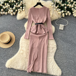 Chic cuello cuadrado cintura con cinturón manga larga vestido ajustado de punto mujeres elegante estilo Tweed trajes de mujer 2 piezas - Product Image 4