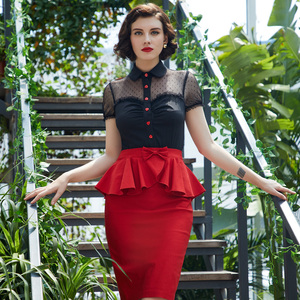 Camicetta Vintage da <span class=keywords><strong>Donna</strong></span> OEM con Maniche Corte, Colletto a Risvolto, Bottoni Rossi, Design Patchwork in Rete, Moda Estiva - Product Image 6