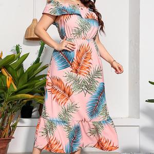 Tùy Chỉnh Flare Ngắn Tay Áo A-Line Bandeau Giản Dị Mùa Hè Nhiệt Đới Quá Khổ Của Phụ Nữ Hawaii In Dress Cộng Với Kích Thước Maxi Dress - Product Image 3