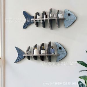 Creative wooden Mediterranean decorative <b>shelf</b>, solid wood fish skeleton style, home wall-mounted storage <b>rack</b> for - Product Image 3
