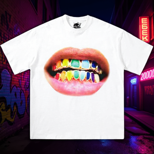 T-shirt Grafica Rainbow Grillz da Uomo Oversize Streetwear Y2K Girocollo Manica Corta 100% Cotone Jersey Stampato - Product Image 2