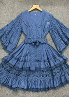 Nouvelle Robe Vintage Printemps-Été 2027 en Chiffon à Col en V, avec Dentelle à Bordure Ondulée, Manches Trompette, Taille Naturelle et Ceinture, pour les Vacances