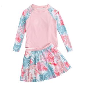 Traje de Baño Personalizado para Niñas, Traje de Baño de Dos Piezas con Mangas Largas, Estampado Floral Bonito, Ropa de Playa - Product Image 1