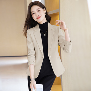 Women's Blazer Beige Solid Color Polyester Anti-Wrinkle Professional Formal Wear - Product Image 1