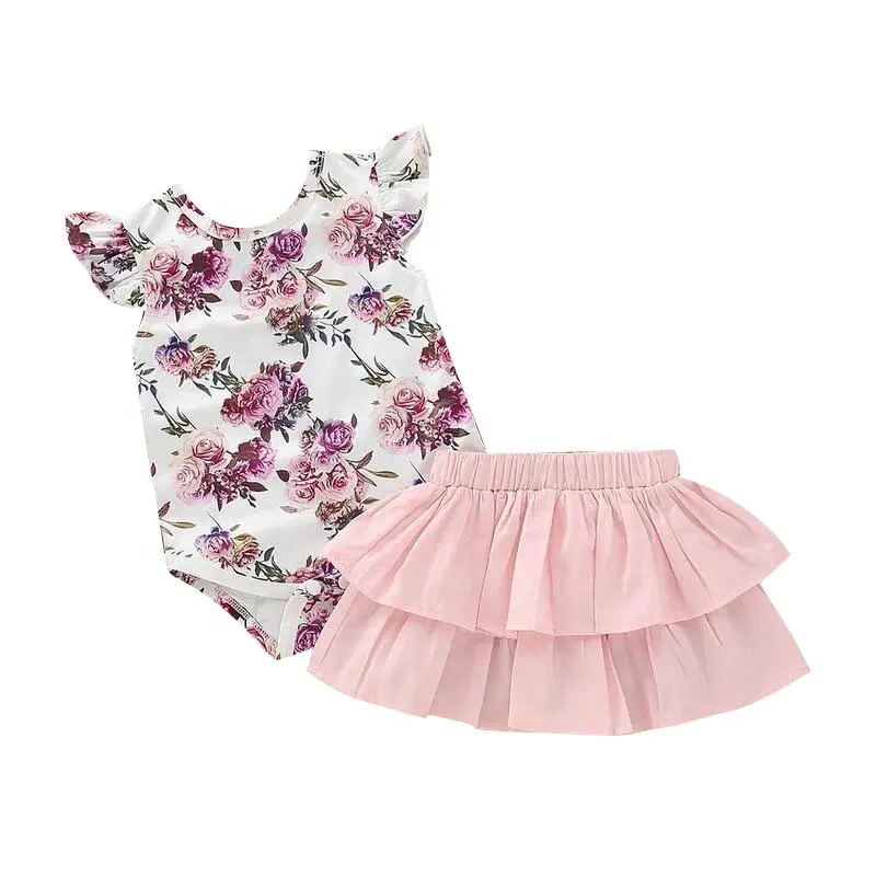 wholesale 100% cotton infant baby clothes soft skirts pink skirts floral romper 2 pcs clothing sets 6 - 9 months baby romper