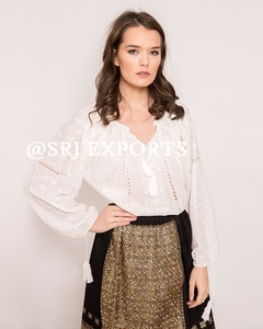 Blusa Bohemia de Gasa para Mujer con Bordado de Borlas, Cuello en V, Manga Abullonada, Corte Holgado, Top de Primavera Verano, Estilo Rajasthan para el Día a Día - Product Image 5