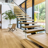 Escalier d'intérieur moderne flottant avec lumière LED, rampe droite en verre pour appartement, sous-sol, escalier d'intérieur préfabriqué en bois
