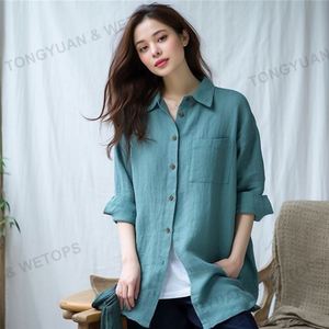 Ropa personalizada Camisas de gran tamaño Ocio Lino Solapa Camisas Botón superior Delgado Suelto Camisa de manga larga de gran tamaño Blusas de las mujeres - Product Image 1