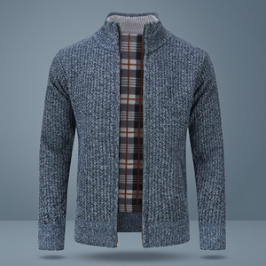 Cardigan en laine acrylique pour homme, col mandarin, fermeture éclair, doublure à carreaux, manches longues, pull chaud en tricot pour l'automne - Product Image 4