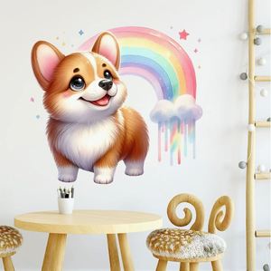 Cartoon Fun Pet Corgis with butterfly or <b>rainbow</b> Wall Stickers Children's Bedroom Living Room Background Wall Decoration - Product Image 1