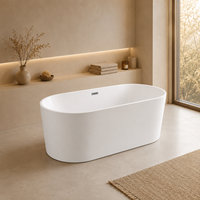 Baignoire ovale autoportante disponible en 150 cm, 160 cm, 170 cm, blanche brillante, à fond plat, avec drain central, personnalisable OEM, vente en gros
