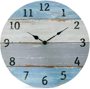 Vintage Coastal Wall Clock 16 Inch Battery Operated Silent Non Ticking Rustic Shiplap Wood Beach Blue Clock Home Decorative