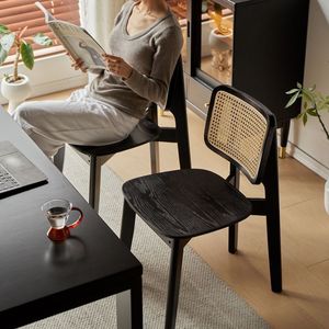 Vintage Rattan Dining Chair Solid Wood Backrest Black Wabi Sabi Style Designer Home Dining Room Chair - Product Image 3