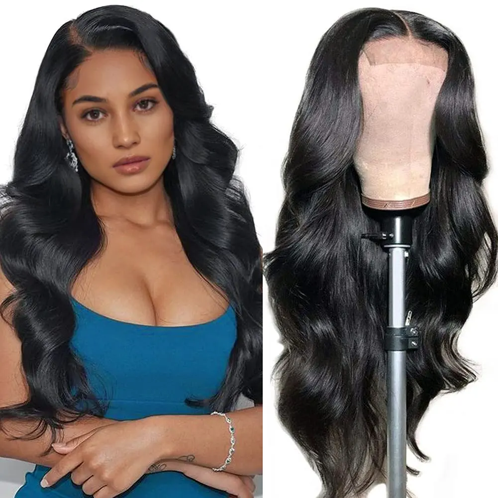 150% 180% yoğunluk saç siyah doğal renk vücut dalga İnsan saç 4x4 şeffaf dantel ön peruk kadınlar için vietnamlı saçı peruk