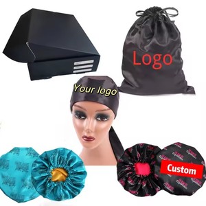 New Design Custom Logo Double Layer Satin <strong>Bonnet</strong> With Satin Bags for Women Designer Satin Hair Wrap Nightcap With Logo Tie Band - Product Image 5
