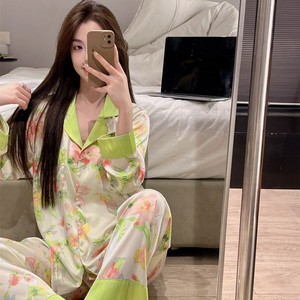 Ensemble de pyjama en satin pour femmes, manches longues, imprimé floral, vêtements de détente, deux pièces, vêtements de nuit, printemps été - Product Image 2