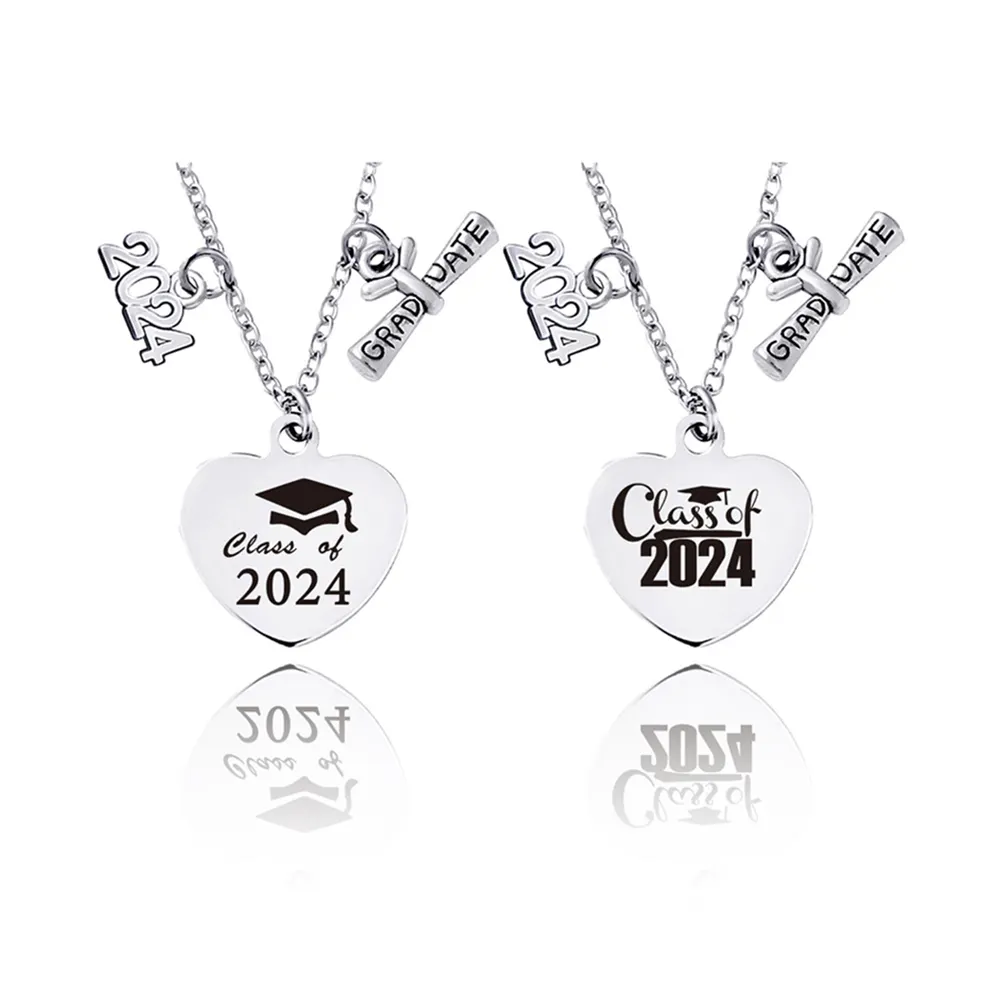 Stainless Steel Class of 2024 College High School Congratulations Gifts Customization Logo Heart Charm Pendant Necklace
