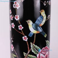 RYYL19-A Vase porte-parapluie en gros, motif floral coloré avec oiseaux sur fond noir et bordure dorée, pour la décoration intérieure et les tables d'hôtel