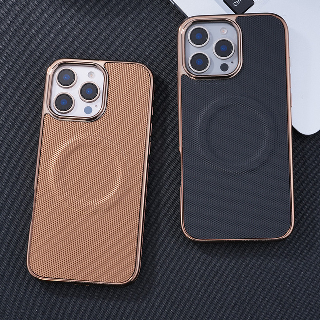 Luxury Plating Frame Vegan Leather Magnetic Case, Full Coverage Anti-Drop Protective Shell for iPhone 15/16/17 Pro Max