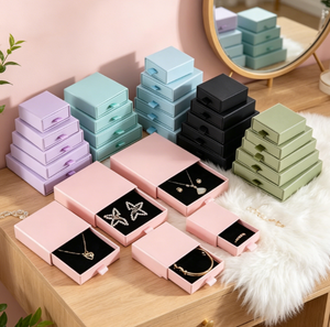 Boîte à bijoux en carton avec tiroir coulissant multicolore, insert en velours noir, logo personnalisé imprimé, petite boîte de rangement pour bijoux, boîte cadeau - Product Image 4