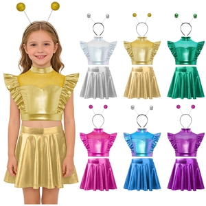 Conjunto de Disfraz Metálico de Alien para Niñas de 6 a 16 Años, Top Corto con Volantes y Falda en Línea A, para Fiestas Temáticas, Actuaciones en Escenario, Uso Diario Informal - Product Image 1