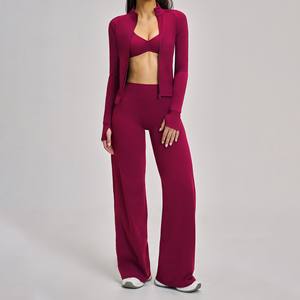 YIYI Ensemble de sport 3 pièces pour <span class=keywords><strong>femme</strong></span>, col montant, coupe ajustée, pour fitness et yoga, avec pantalon évasé taille haute effet push-up et veste - Product Image 6