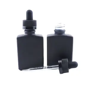 Minyak Jenggot Kosmetik Kemasan Penetes Minyak Esensial Botol Kaca Persegi Hitam Beku Persegi Panjang 30Ml dengan Penetes