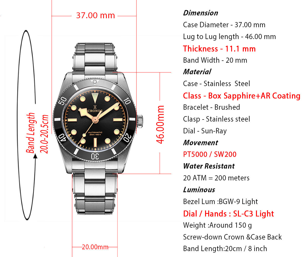 Cronos Luxury 37mm Diver BB54 Vintage Automatic Watches