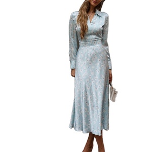 Abito <span class=keywords><strong>in</strong></span> <span class=keywords><strong>raso</strong></span> a <span class=keywords><strong>maniche</strong></span> <span class=keywords><strong>lunghe</strong></span> con stampa floreale elegante stile francese - Product Image 1