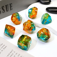 Jeu de dés à bords coupés diamantés OEM, 7 pièces, dés de jeu de rôle en résine orange aurore personnalisés avec feuille de platine flottante