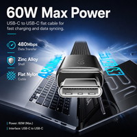 Cable de Carga Rápida USB-C a USB-C de 60W, 1M, Plano, Trenzado de Nailon, con Conector de Aleación de Zinc Tipo-C para Sincronización de Datos