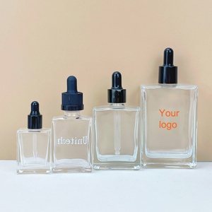 Hot Sale 15ml 30ml 50ml 100ml <b>Clear</b> Flat Square Rectangle Cosmetic Glass Bottles Empty Perfume Essential Oil Dropper Bottle - Product Image 1