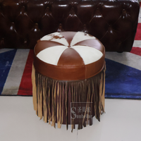 Ottoman rond personnalisé avec frange fourrure de vachette rustique tan et blanc tabouret ottoman en cuir véritable pouf de qualité haut de gamme