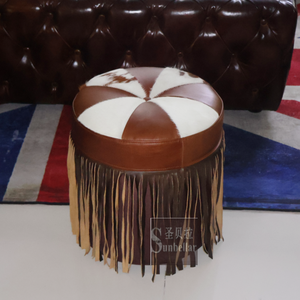 Customized Round Ottoman with Fringe Rustic Cowhide Fur <strong>Tan</strong> and White Genuine <strong>Leather</strong> Ottoman Stool High End Quality Pouffe - Product Image 4