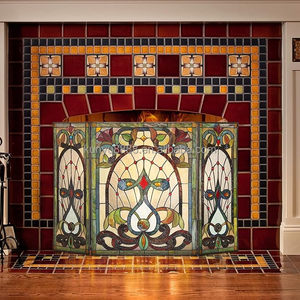 Écran de cheminée en vitrail, 3 panneaux, motif floral, décoration traditionnelle, couleur bleue, forme rectangulaire, décoration artistique, 110*70CM - Product Image 2