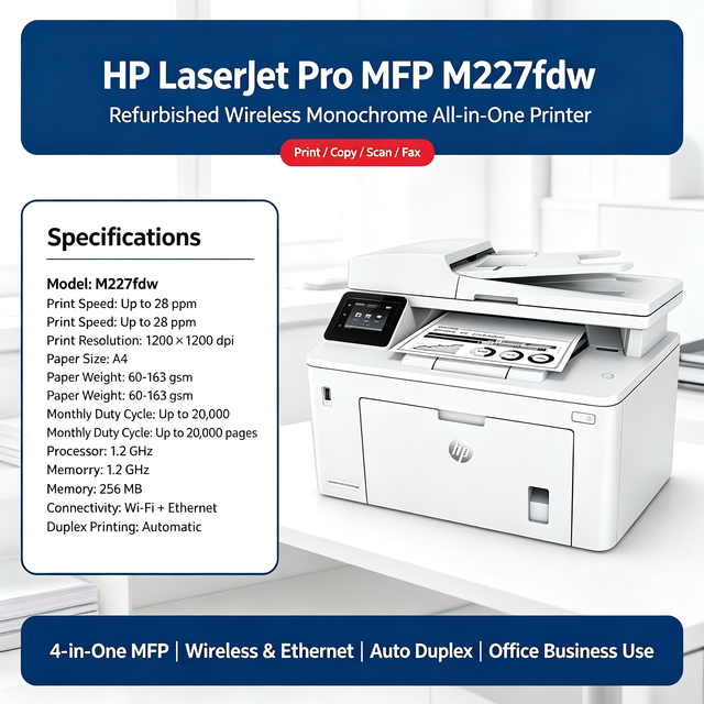Compatible Refurbished LaserJet Pro MFP M227fdw Wireless Monochrome All-in-One Printer Built-in Ethernet 2-Sided Printing