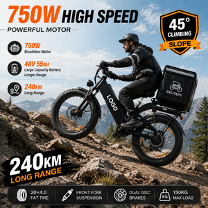 Bicicleta Eléctrica de 750W, 48V 55Ah, Alcance de 240km, Neumáticos Gruesos 20x4.0, Doble Suspensión, Resistente al Agua, Bicicleta Eléctrica de Reparto, MTB - Product Image 1