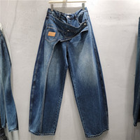 J115 Jean large asymétrique à taille drapée pour femme, coupe irrégulière, avec empiècements incurvés, en denim délavé vintage, pantalon ample