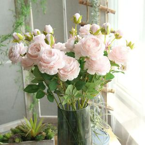 Vente en gros de fleurs artificielles en soie à 3 têtes, roses et pivoines, bouquet de fausses roses pour la décoration de mariage et de la maison - Product Image 3