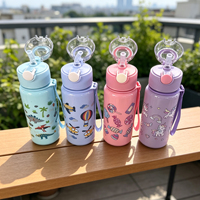 Bouteille d'eau portable en plastique de 500 ml avec paille et motif de dessin animé mignon pour enfants, idéale pour la rentrée scolaire, vente en gros, logo personnalisé / OEM