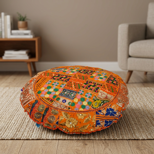 Traditional Embroidered Cotton <b>Round</b> Floor <b>Cushion</b> in Orange Patchwork Design Decorative Handmade Seat <b>Cushion</b> for Home Office - Product Image 1