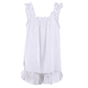 Conjunto <span class=keywords><strong>de</strong></span> Pijama <span class=keywords><strong>de</strong></span> Algodón con Volantes Blancos, <span class=keywords><strong>Top</strong></span> sin Mangas y Pantalones Cortos para Mujer, Ropa <span class=keywords><strong>de</strong></span> Estar en Casa, Vacaciones, o como Prenda <span class=keywords><strong>de</strong></span> Playa - Product Image 2