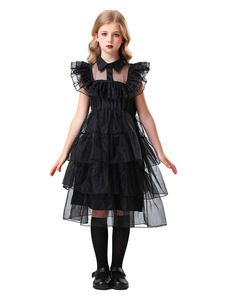 Vestido Gótico Oscuro de Princesa para Niñas con Falda Escalonada y Cuello de Tul, <span class=keywords><strong>Disfraz</strong></span> <span class=keywords><strong>Infantil</strong></span> para Halloween y Fiestas Temáticas - Product Image 1