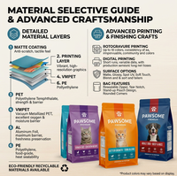 Sachet d'emballage alimentaire pour animaux de compagnie personnalisé, 5 kg/10 kg, à fond carré, scellé sur 8 côtés, imprimé en héliogravure, résistant à l'humidité, refermable avec fermeture éclair et poignée