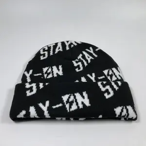 OEM High Quality Acrylic Unisex Black Colorful Warm Winter Hats Custom All Over Print Jacquard Design Knitted Acrylic Beanie