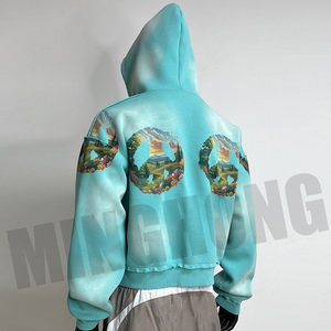 Sweat à capuche zippé surdimensionné délavé pour hommes, imprimé de poches kangourou lourd personnalisé du fabricant - Product Image 5